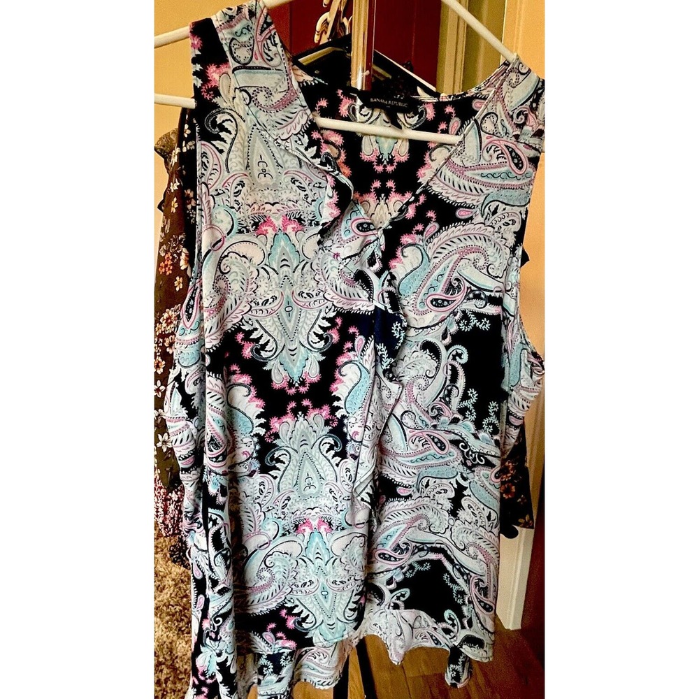Banana Republic Black Teal Abstract Pattern Ruffled Women’s‎ Size Large